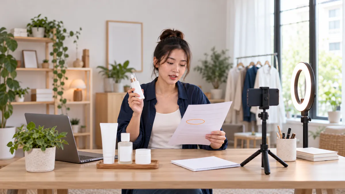 A reviewer reading a script before recording a product review