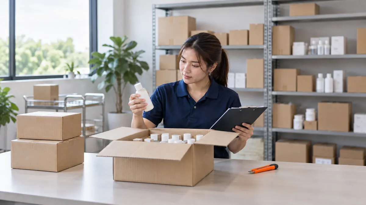 輸入製品をパッキングリストと照合する様子