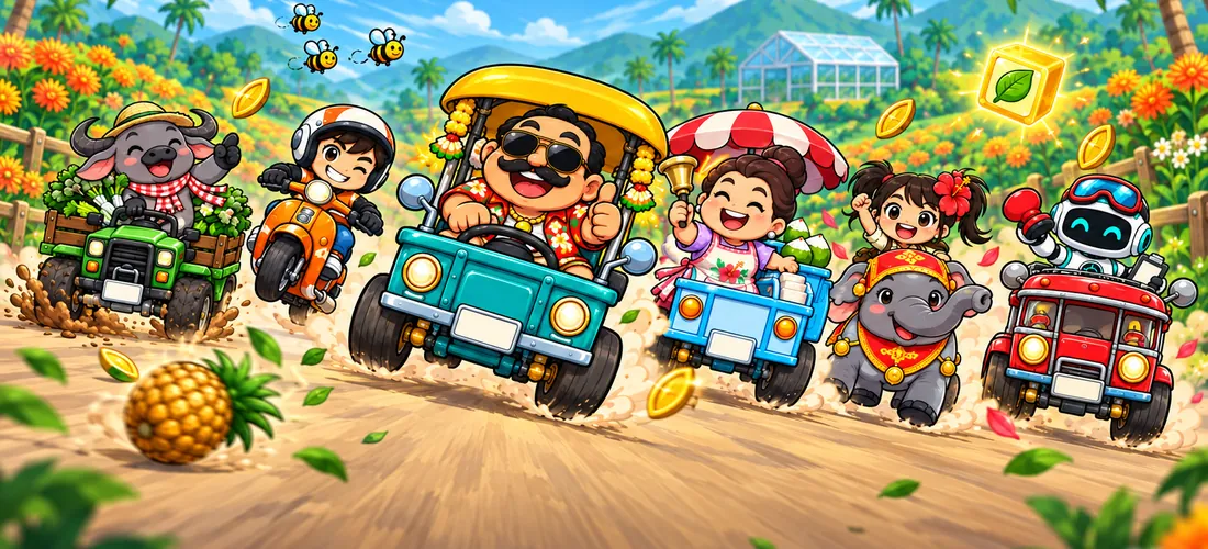 ตัวละครการ์ตูนขับรถสไตล์ไทยแข่งกันในสวนสมุนไพร